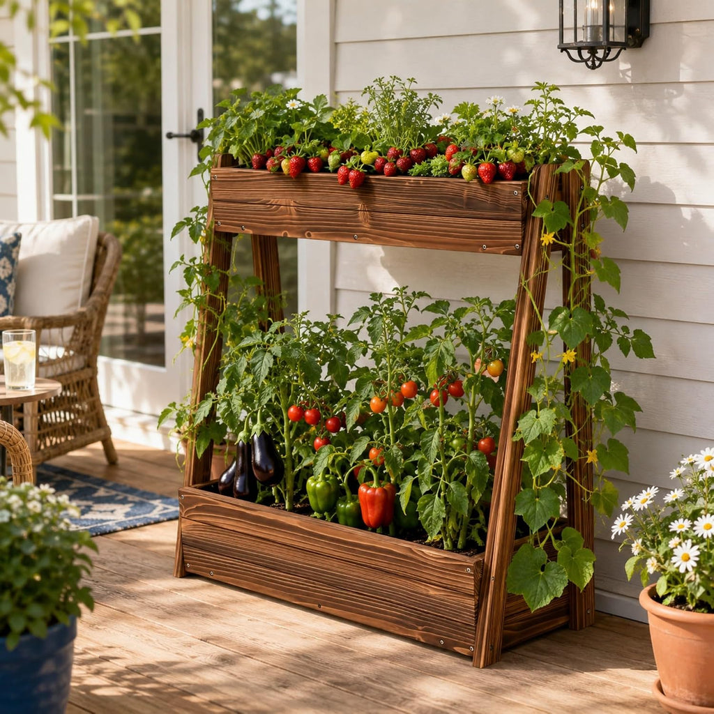 36" 2-Tier Fir Wood Elevated Raised Garden Bed | Outdoor Wood Planter Box for Vegetables Herbs Flowers, Tall Planter