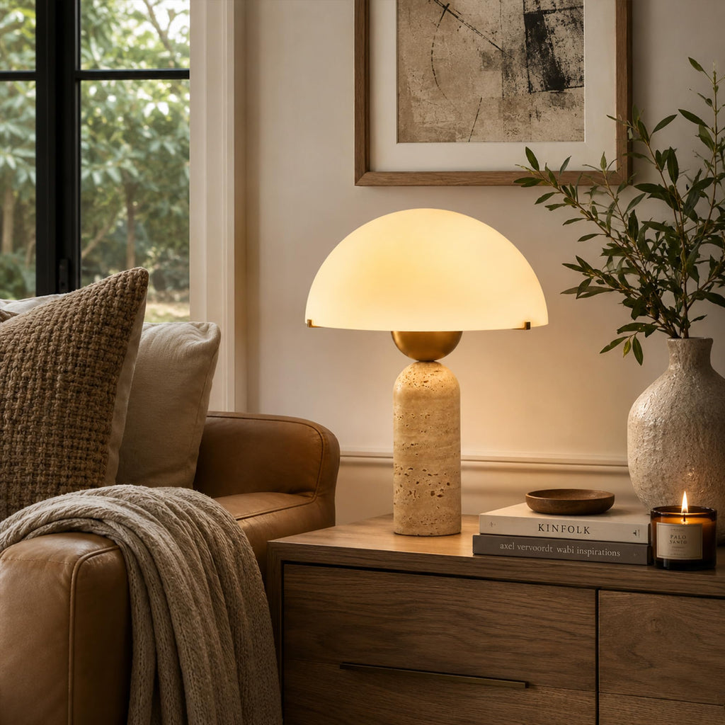 Natural Travertine Table Lamp, 14.5 in Dome Mushroom Nightstand Light