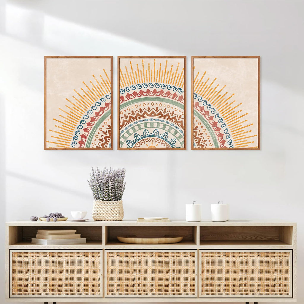 Boho Sun Framed Canvas Wall Art Set, (Set of 3, 12X16 Inch) Mid-Century Modern Wall Decor, Minimalism Bohemian Wall
