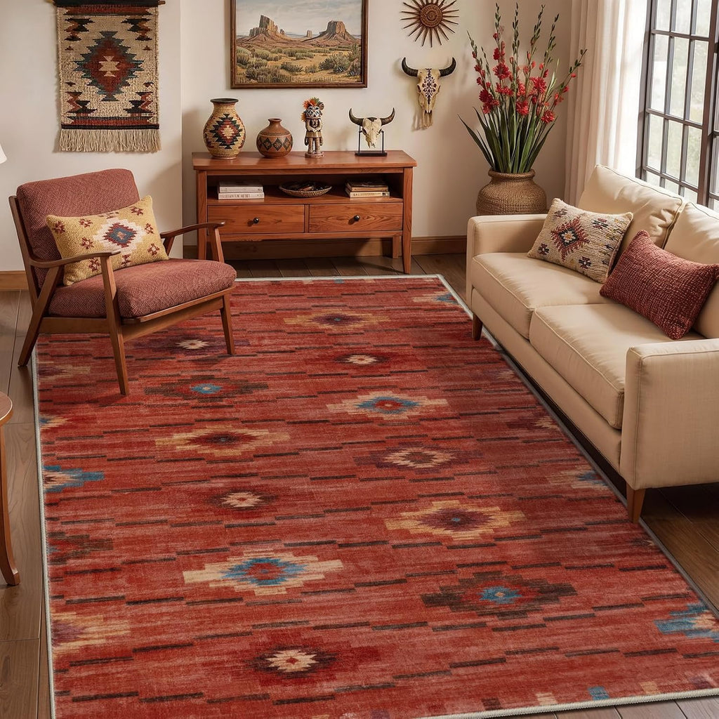 Washable Western Abstract Area Rug, Terracotta