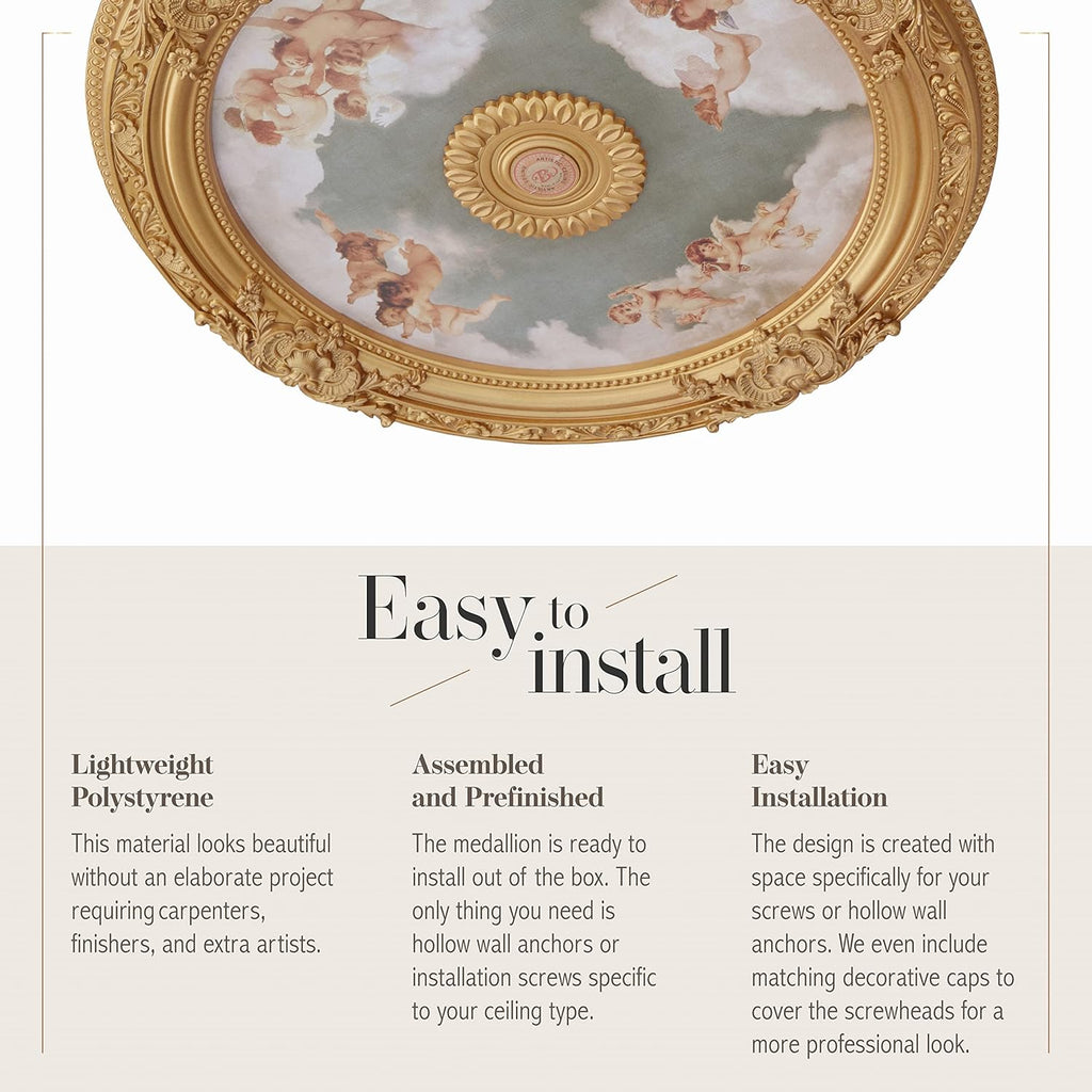 Antique Cherubs Sky Gold Trim Round Chandelier Ceiling Medallion for Home Improvement 36 Inch Diameter Polystyrene