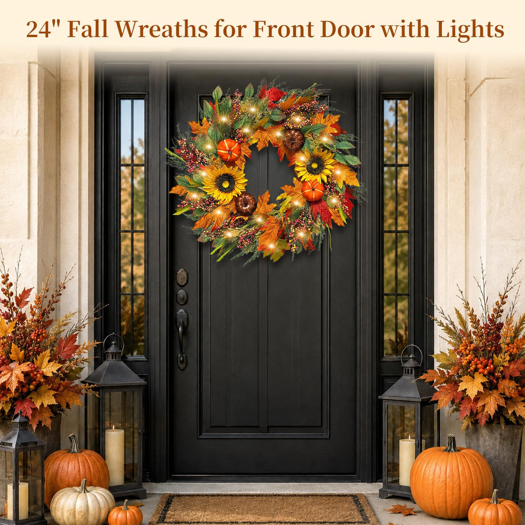 24Inch Lighted Fall Wreaths for Front Door with Timer, Fall Door Wreath