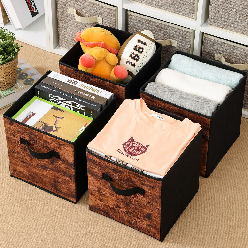 Fabric Storage Cubes, 6 Pack Foldable Storage Bins with Handle, 11 Inch Box for Shelves, Closet, Organizer, Rustic
