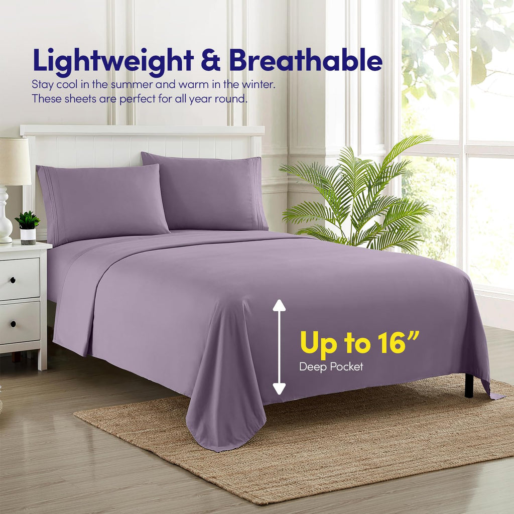 1500 Thread Count Luxury Hotel Bed Sheets & Pillowcase Set, Full Size, Plum Color, Microfiber, Fitted Sheet with