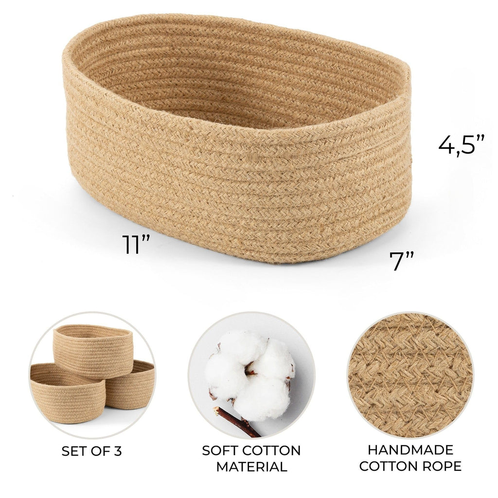 Beautiful Storage Basket Set of 3 - Sturdy Jute Rope Baskets for Shelves
