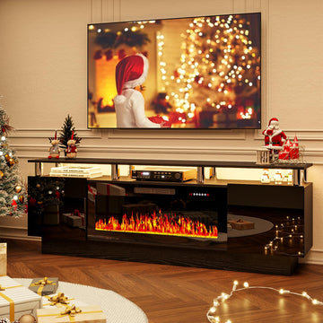 70" Fireplace TV Stand, Entertainment Center with 8 Stainless Steel, Black