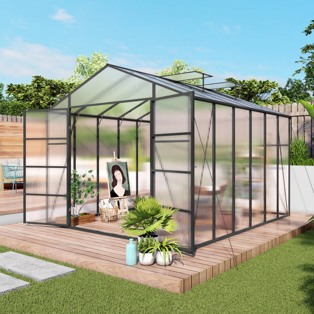 10x12 FT Greenhouse, Walk-in Heavy Duty Polycarbonate Outdoor Greenhouses with Raised Base & Anchor, Height-Enhanced
