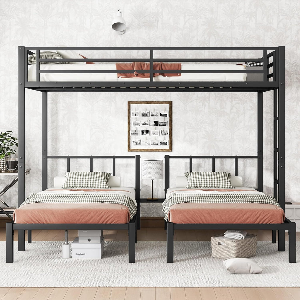 Triple Bunk Bed for Kids, Detachable Queen Over Twin & Twin Metal Bunk Bed with Guardrails, Ladder & Storage