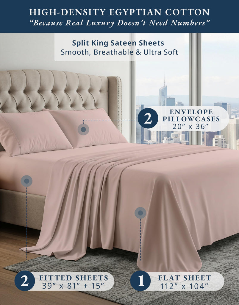 Split King Sheets 100% Egyptian Cotton Sateen - Sepia Rose