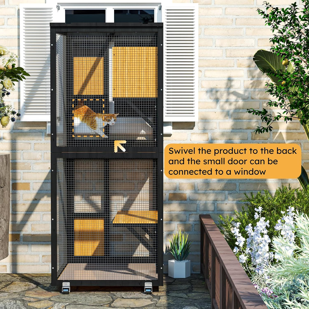 4 Tiers Catio Outdoor Cat Enclosure, Indoor Cat House with 4 Wheels, Black