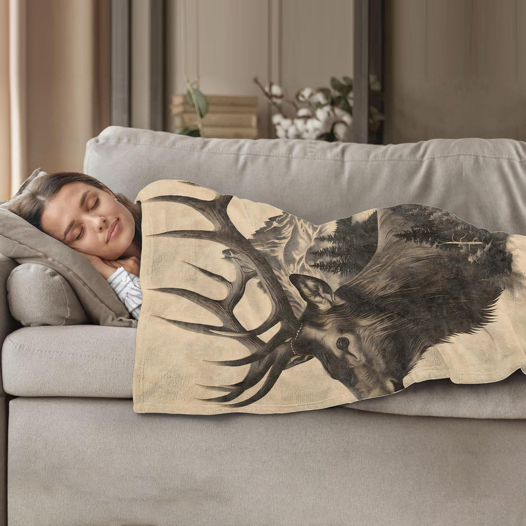 Majestic Elk Throw Blanket 60x80 Inch, Wilderness Themed Blankets for Lodge or Cabin Decor, Detailed Elk with Forest