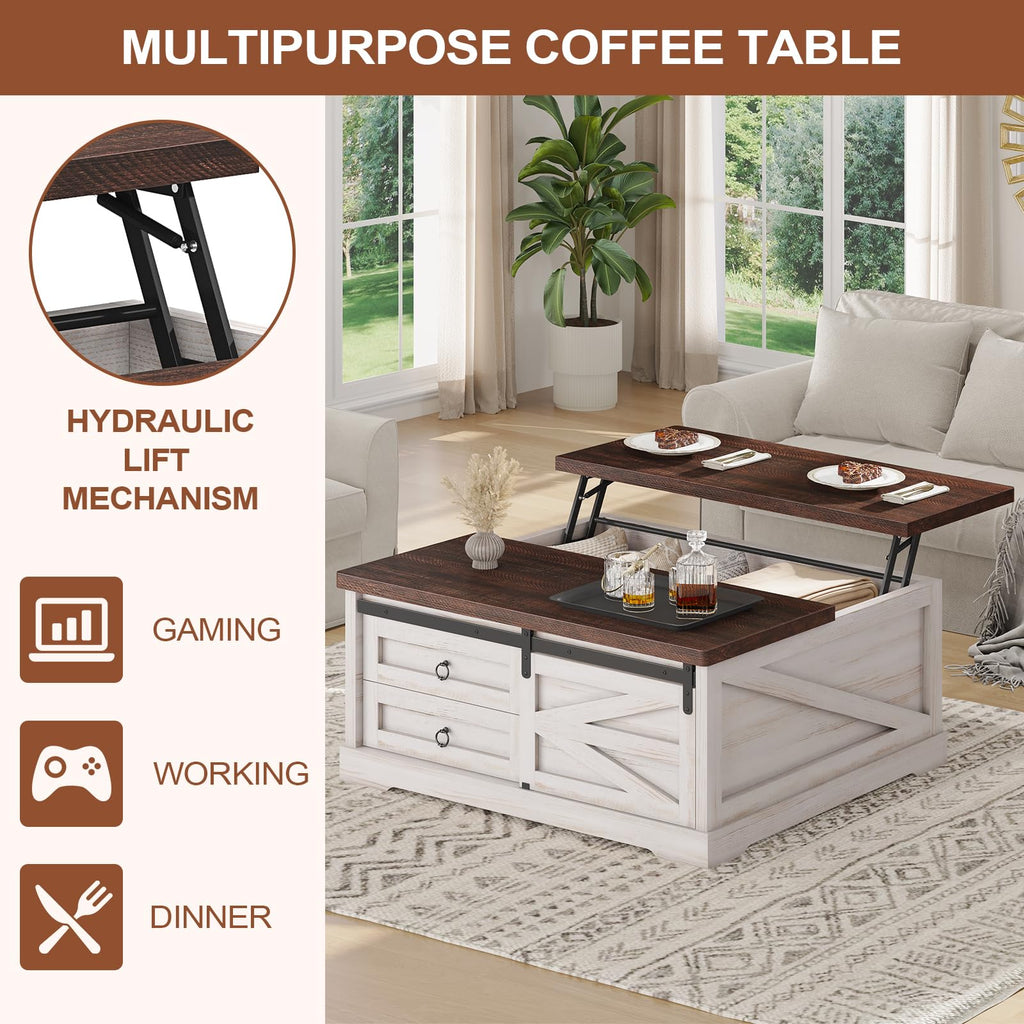 39.4'' Lift Top Coffee Table with Storage, Farmhouse Coffee Tables, Square Coffee Table with Large Hidden