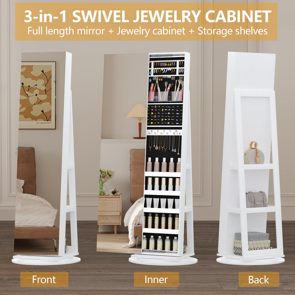 Standing Jewelry Cabinet with Sliding Full Length Mirror, White