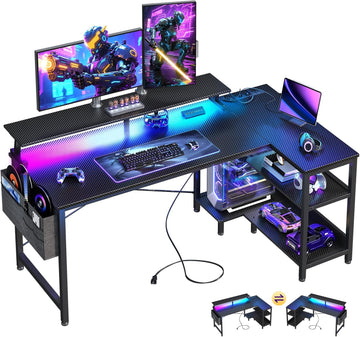 48 Inch L Shaped Gaming Desk with LED Lights, Power Outlets, Black | Adjustable Monitor Stand, Open Storage Shelves