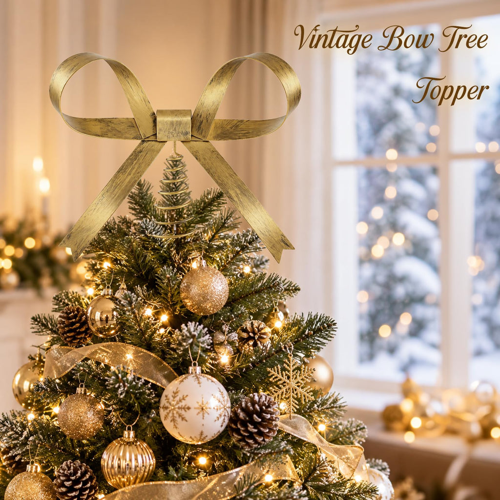 Metal Bow Tree Topper, 9.4 Inch Brass Bow Christmas Tree Topper