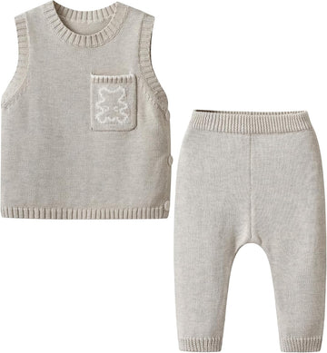 Infant Unisex 2pcs Knit Sweater Vest and Long Pants Set Tank Tops Pullover Knitwear Outfits