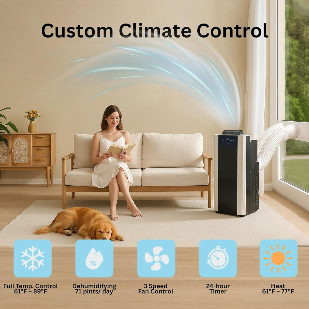 Portable Air Conditioner 14,000 BTU & Heater with Dual Hose Dehumidifier & Cooling Fan for 500 Sq Ft Rooms