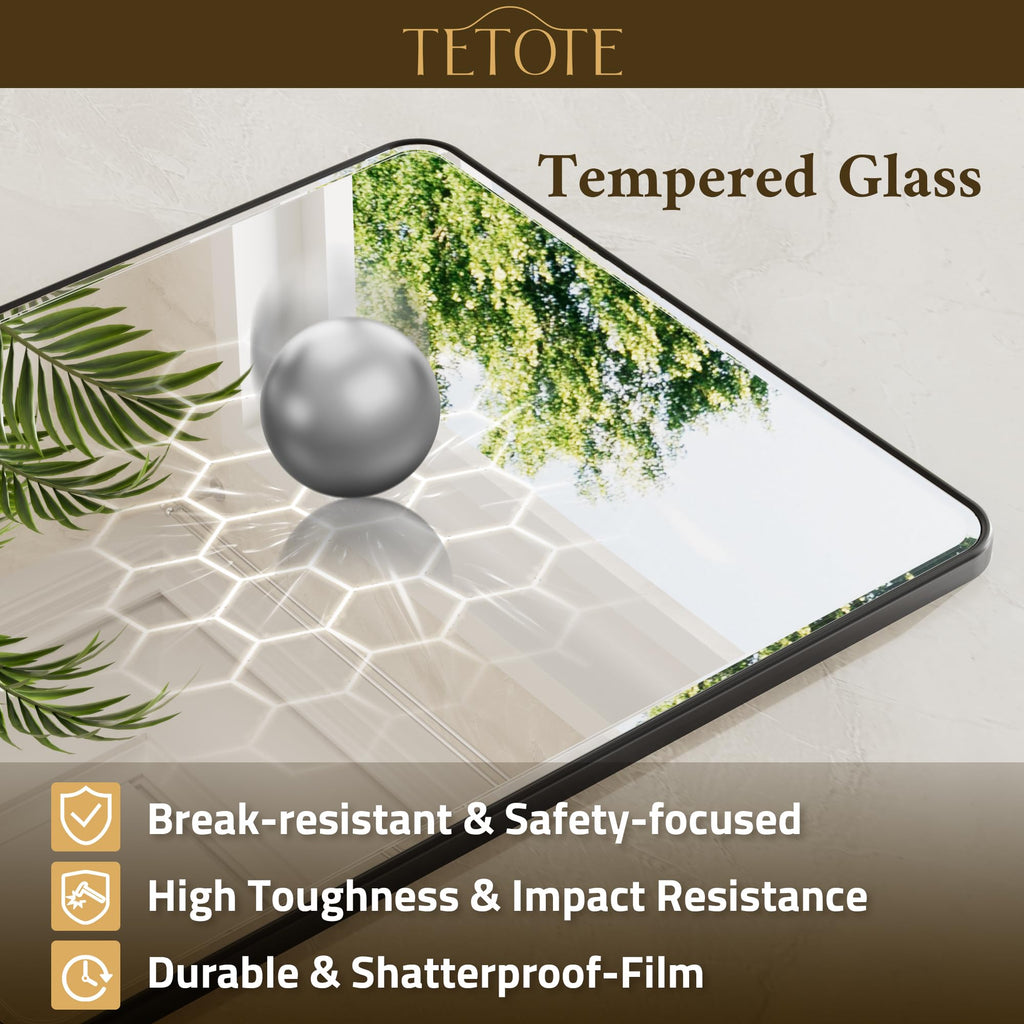 Black Mirrors for Wall 40 x 30 Beveled Edge Tempered Glass, Rounded Corner Rectangle Framed Mirror for Modern