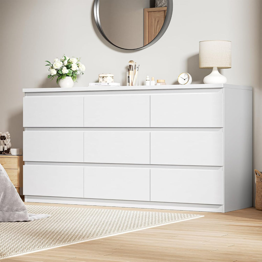 White 9 Drawer Dresser ,Modern Wood Dressers & Chest of Drawers with No-Handle Design, Long Dressers for Closet