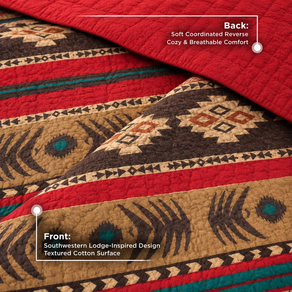 Western Southwestern Native American Tribal Navajo Design Oversize Quilted Bedspread in Brown Green and Burgundy