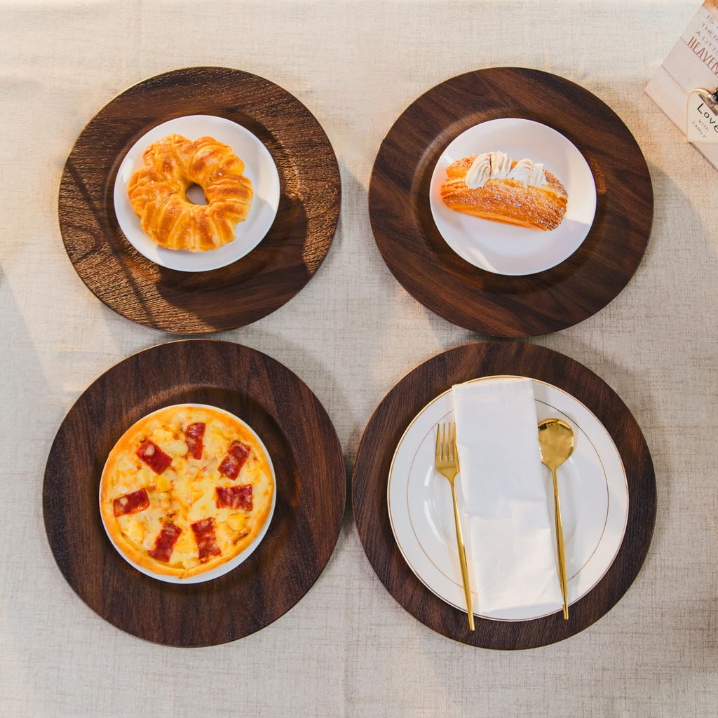 13in Charger Plates Set of 12- Faux Wood Chargers for Dinner Plates- Brown Round Plastic Plate Chargers- Farmhouse