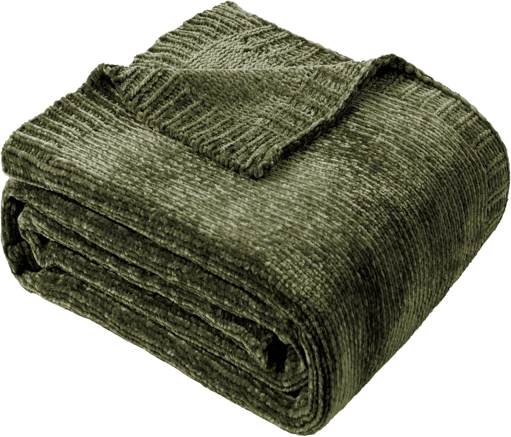Olive Green Chenille Throw Blanket, Cozy Knit Throw Blanket, Super Soft Warm Green Blankets Chenille Blankets, 51"x67"