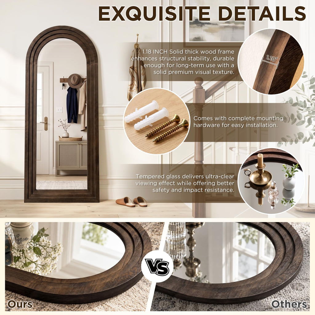 Arched full length mirror, solid wood frame, 55x23in walnut