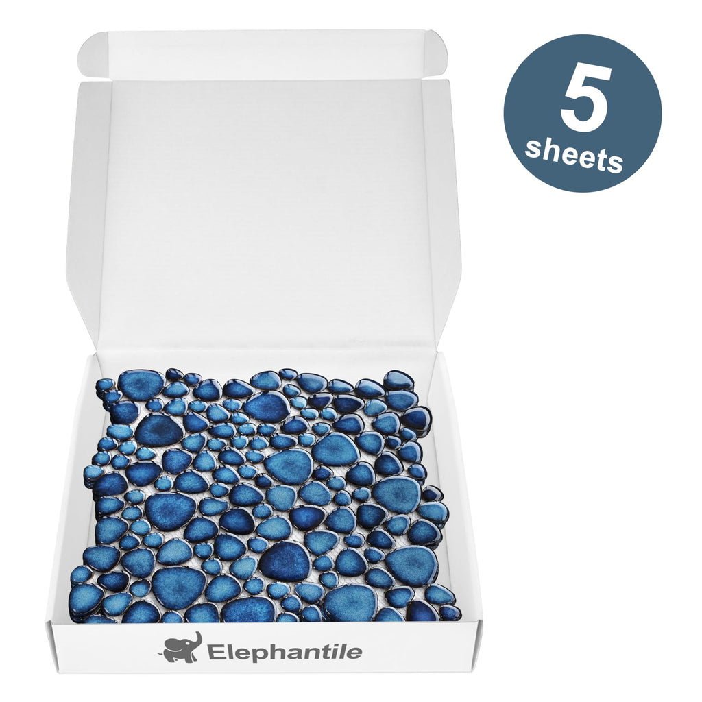Cobalt Blue Pebble Tiles for Shower Floor Bathroom Floor Wall Mosaic Tile [Set of 5 Sheets]