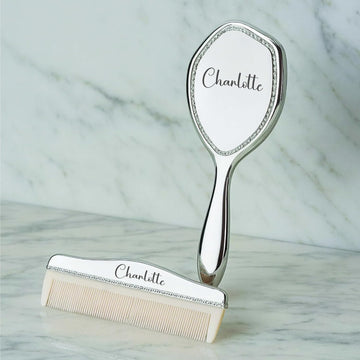 Engraved Silver-Plated Brush & Comb Set - Newborn Grooming Kit, Soft Bristle Hairbrush, Custom Baby Keepsake Gift