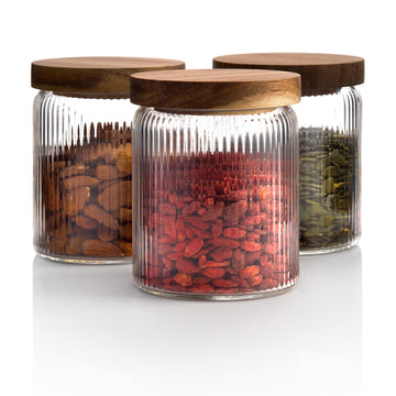 Ribbed Glass Jar with Wooden Lid 17oz, Set of 3 | Airtight Fluted Storage Canisters for Food, Tea, Coffee