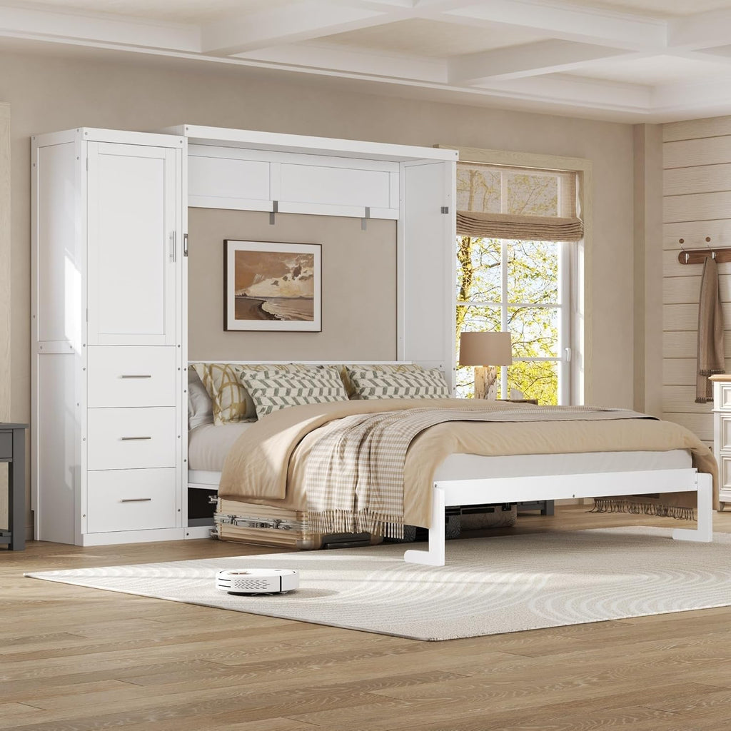 Queen Murphy Bed with Wardrobe, Farmhouse Hidden Foldable Wall Bed Frame with Storage Drawers, Space-Saving Storage