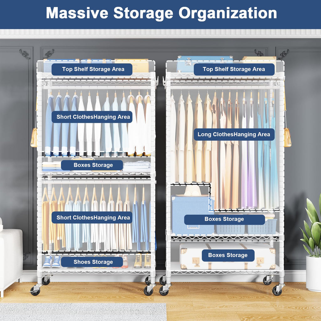 P8C Heavy Duty Clothes Rack(With Extended Width Design) Rolling Clothing Racks for Hanging Clothes with Lockable