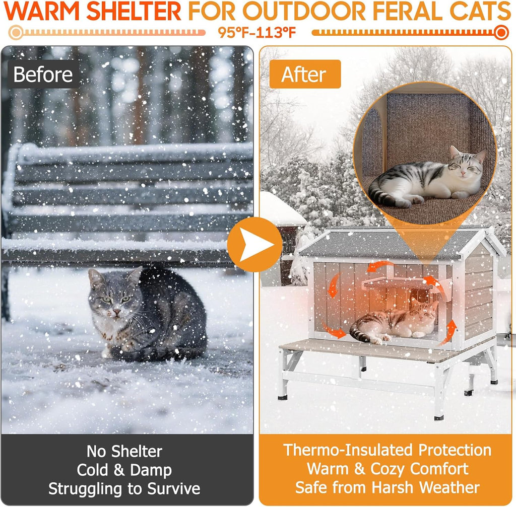 Insulated Outdoor Cat House with Balcony, Raised Feral Shelter