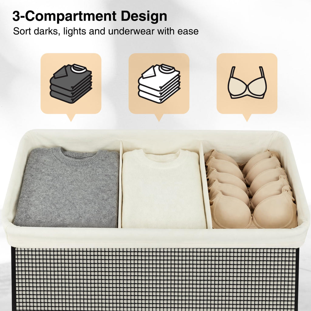 3 Section Laundry Hamper with Lid, 180L Steel-Frame 3 Compartment Laundry Sorter with Removable Washable Liner