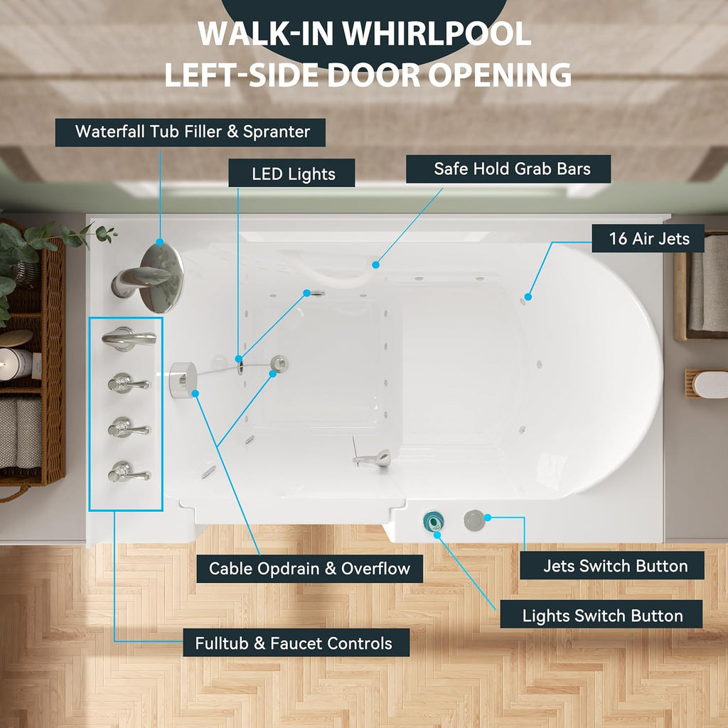 Floridian 55" x 33" Walk-in Whirlpool Bathtub with 16 Air Water SPA Jets and Left-Side Door Opening and Quick Fill