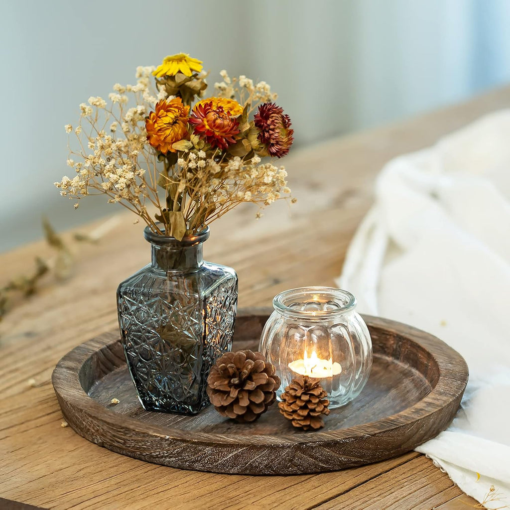 Farmhouse Wooden Candle Tray - 11 Inch Round Decorative Trays for Coffee Table Dining Centerpiece Kitchen Counter