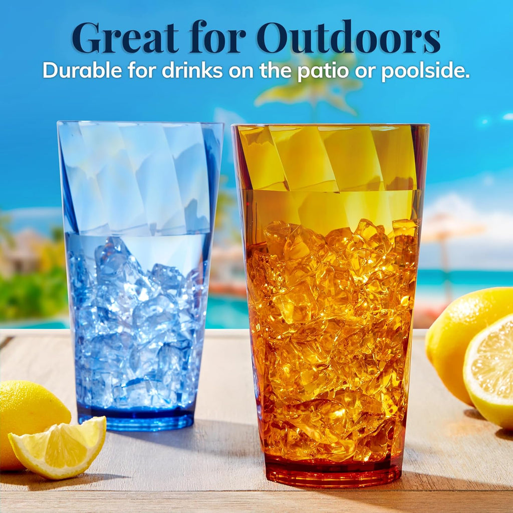 Optix Plastic Reusable Drinking Glasses (Set of 8) 20oz Water Cups in Jewel Tone Colors | BPA-Free Tumblers, Made in