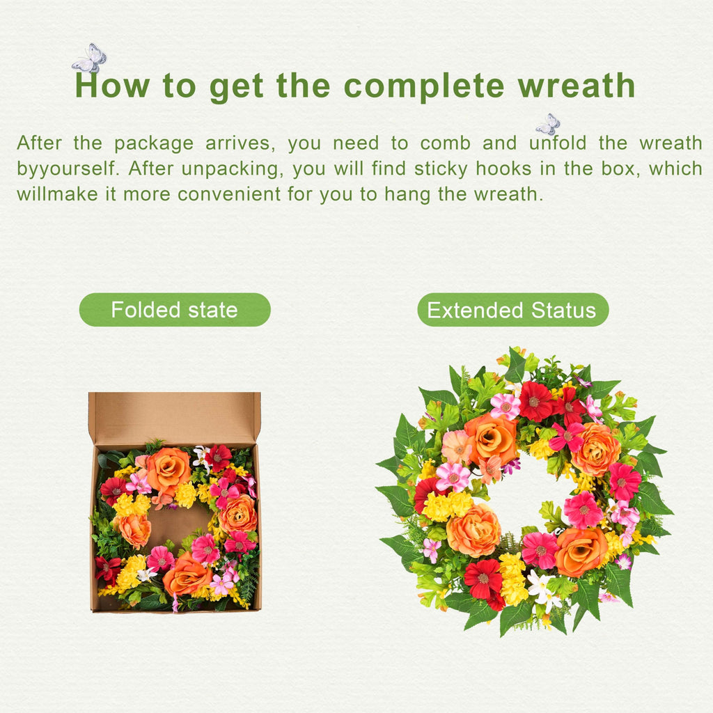 20 Inch Spring Wreath for Front Door, Artificial Silk Flower Wreath on Grapevine Base with Orange Rose-Style Blooms