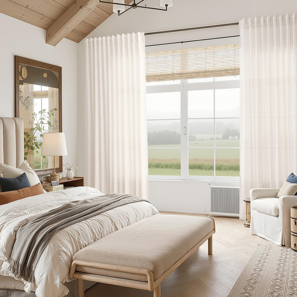Ivory White Linen Curtains 90 inch Back Tab Rod Pocket Semi Sheer Cotton Textured Gauze Curtain Modern Farmhouse