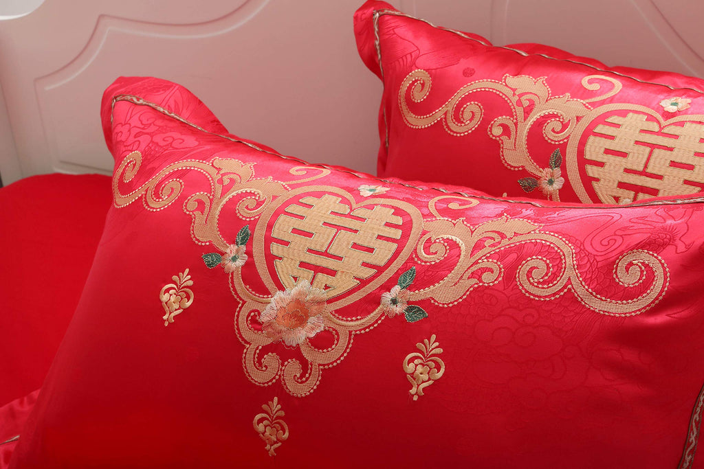 Chinese Wedding Bedding Set Queen 4Pcs - Red Satin Sheets with Dragon & Phoenix Embroidery, 100% Cotton Satin, Duvet