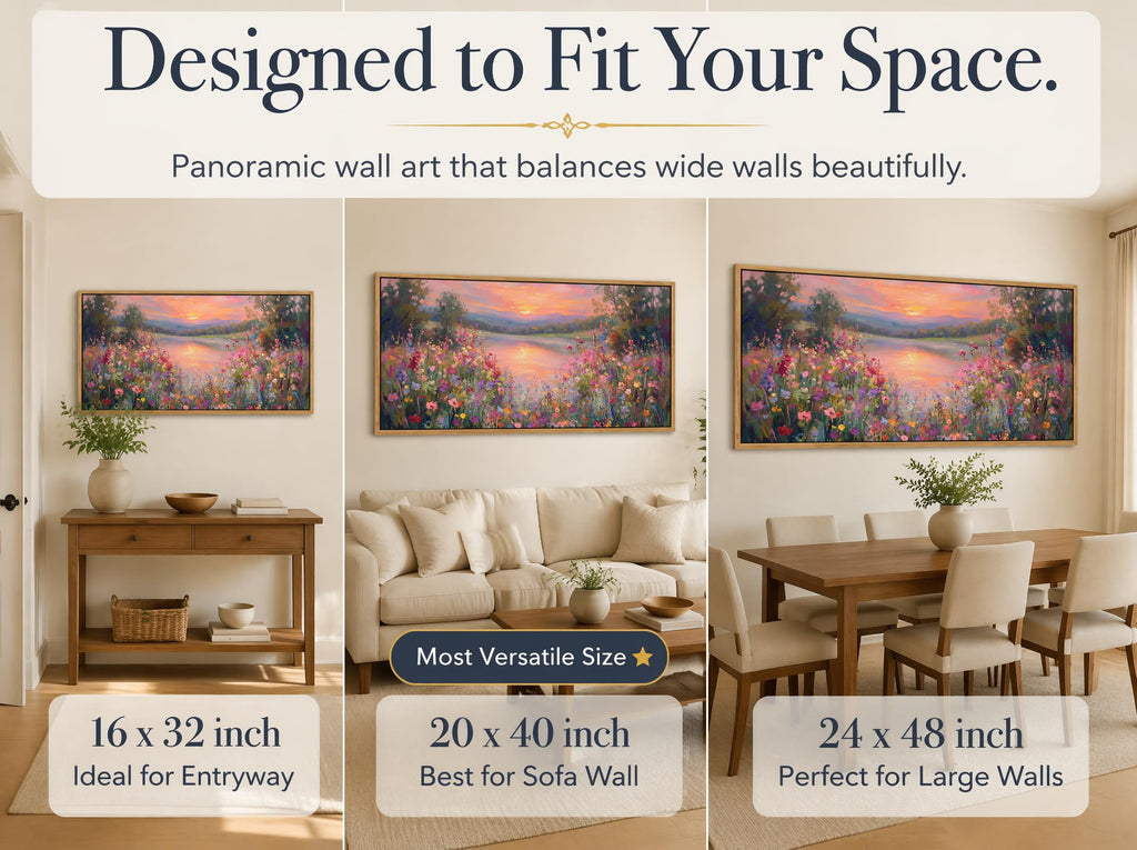 Large Floral Landscape Wall Art Wildflower Meadow Lake Sunset Painting Picture Colorful Botanical Flower Nature