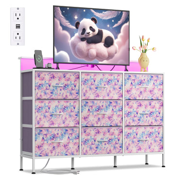 Dresser TV Stand with LED Lights & Outlets, 9 Fabric Drawers, Tie-dye