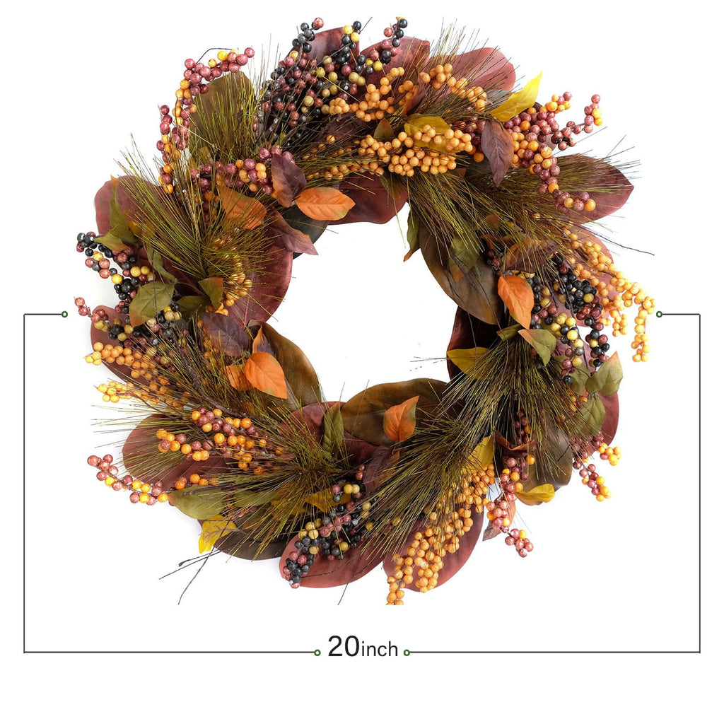 20 inch Thanksgiving Wreath Magnolia Leaves with Pine Needle Yellow Berry Wreath for Front Door Harvest Festival