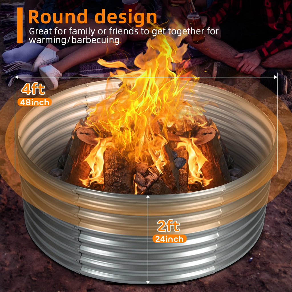48 inch Fire Pit Ring, 4x4x2FT Galvanized Fire Ring, Wood Burning Fire Pits Ring, Outdoor Fireplace Height 2FT, Round