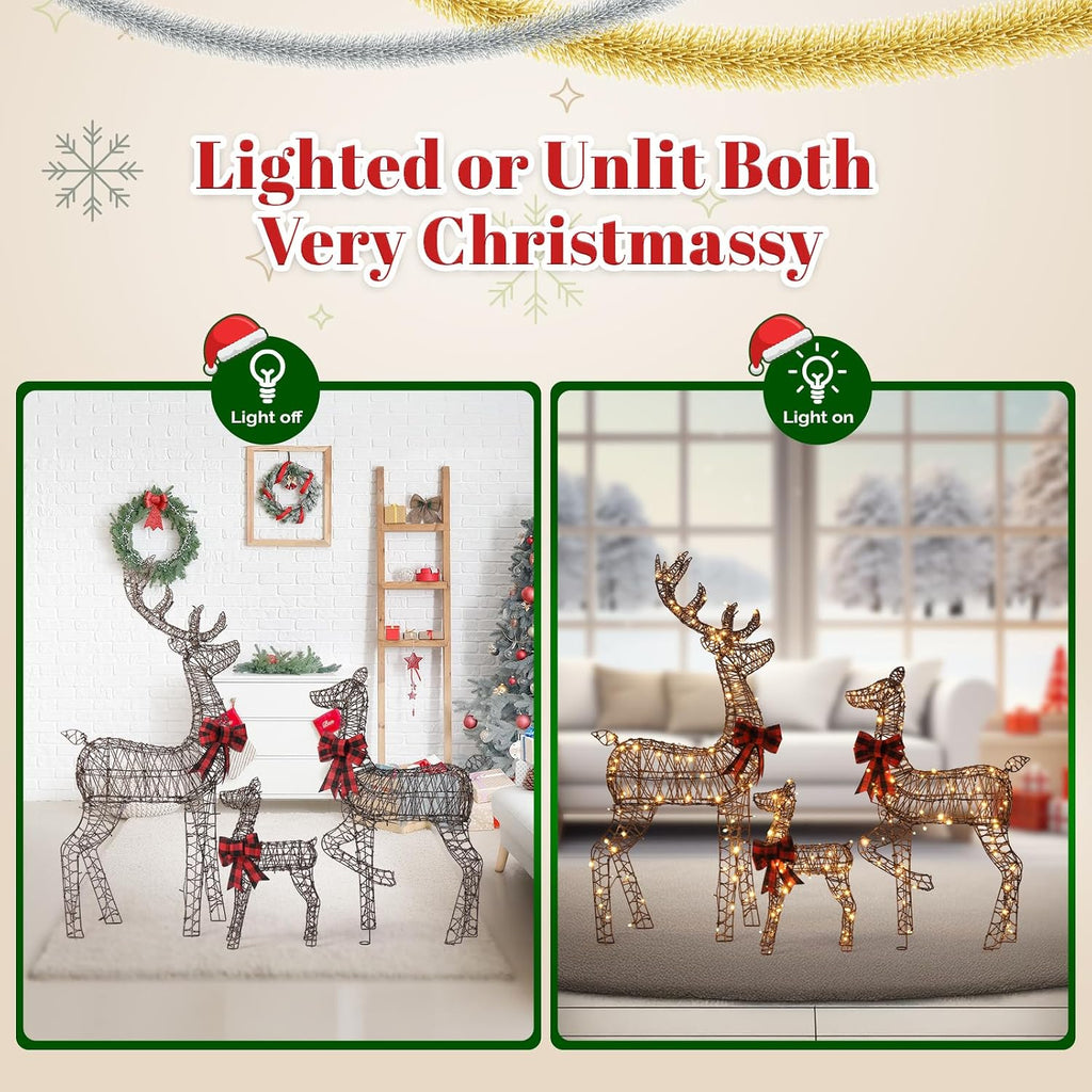 3 Pack 5ft Lighted Reindeer Set Christmas Decor Woven Rattan Style LED Lights Indoor Outdoor Porch Lawn Yard