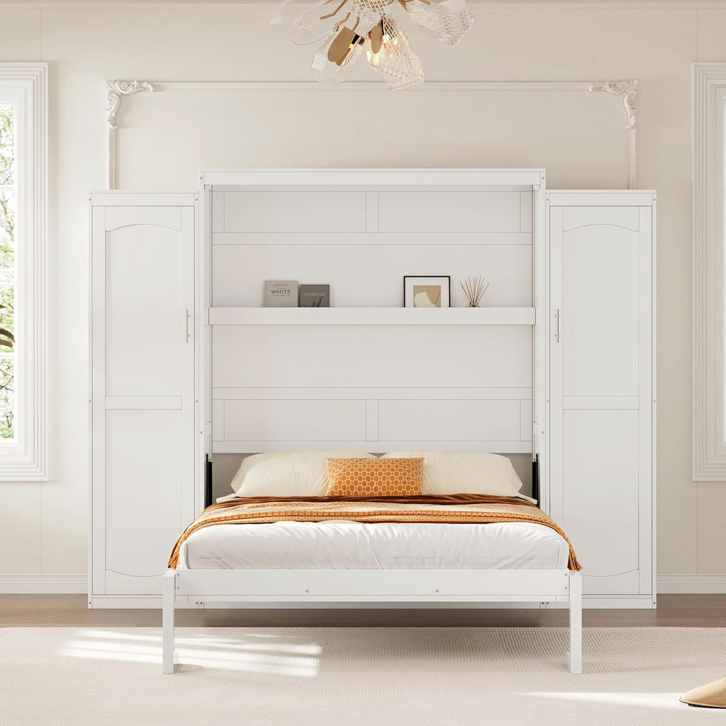 Full Vertical Murphy Bed with Wardrobe,Cabinet,and Storage Shelves,Wood Foldable Hidden Murphy Wall Bed for Adults