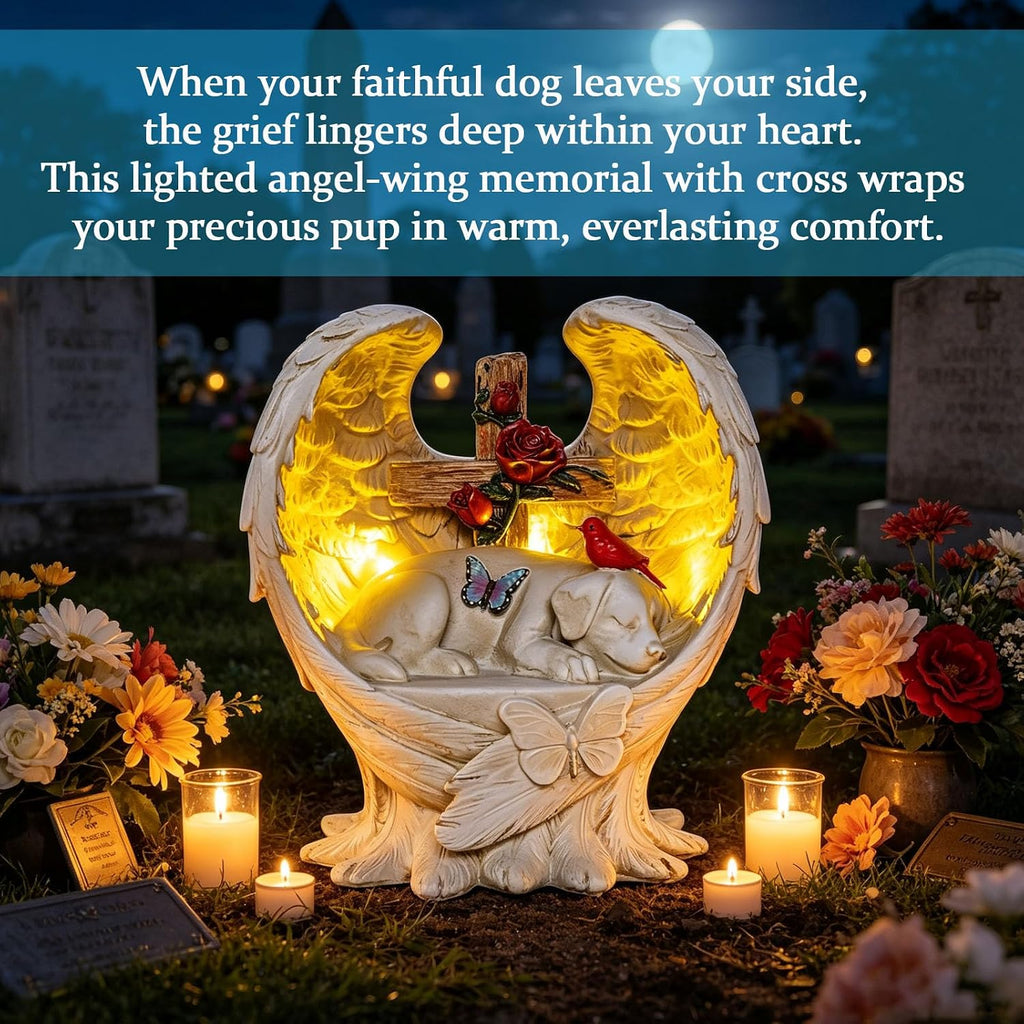 Dog Memorial Stone Solar Angel Wings Garden Statue 10inch