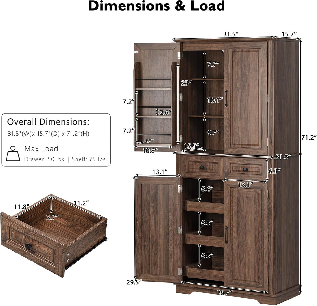 71" Farmhouse Pantry Cabinet with Pull Out Shelves & Drawers