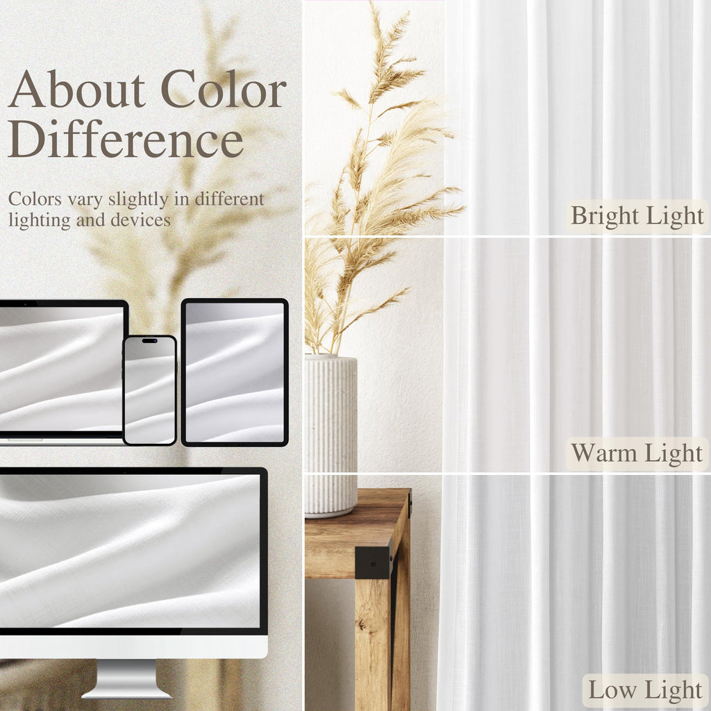 Linen White Curtains Extra Long 2 Panels Set Back Tab Light Filtering Semi Sheer Drapes Modern Farmhouse Decor Linen