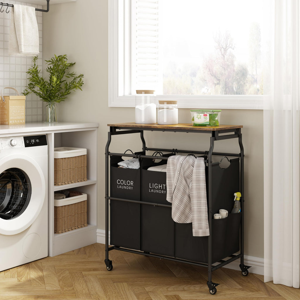 3 Section Laundry Sorter with Ironing Board, Laundry Hamper, Black